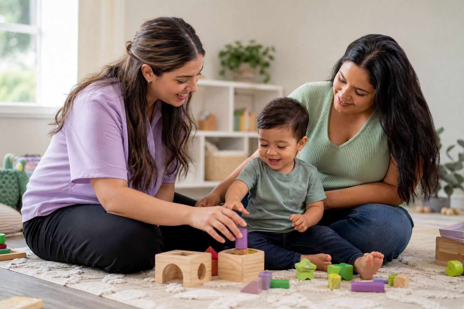 A therapist and mother supporting a toddler through play